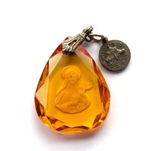 Antique Citrine Yellow Crystal Art Glass Intaglio Christian Madonna Pope Pendant